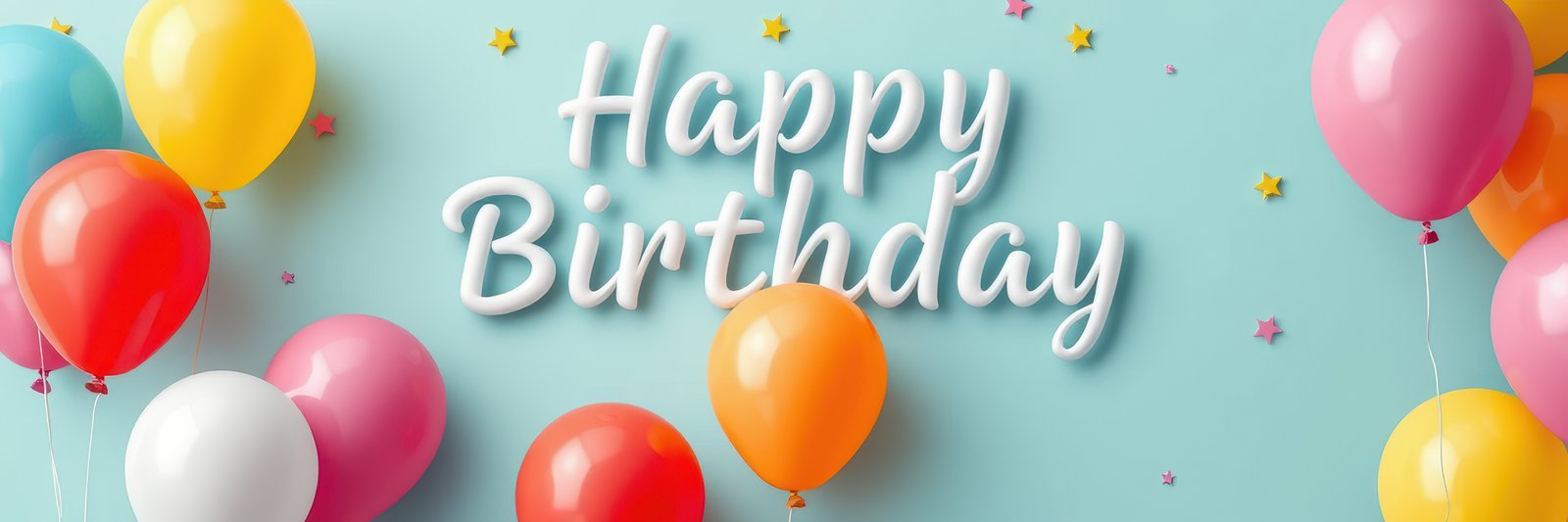 Colorful birthday celebration decorations with balloons and festive message on a light blue background